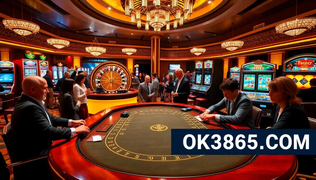 Engaged poker players at a luxurious table showcasing OK365KD.COM with vibrant casino elements.