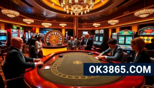 Engaged poker players at a luxurious table showcasing OK365KD.COM with vibrant casino elements.