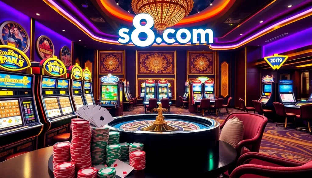 Experience the excitement of gaming at s8 com's luxurious casino with vibrant tables and glowing slot machines.