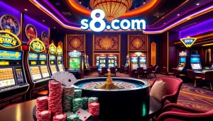 Experience the excitement of gaming at s8 com's luxurious casino with vibrant tables and glowing slot machines.