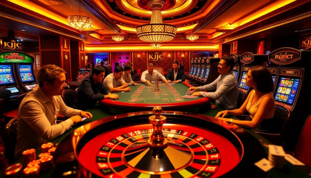KJC poker players engaging intensely at a beautiful casino table with vibrant lighting.