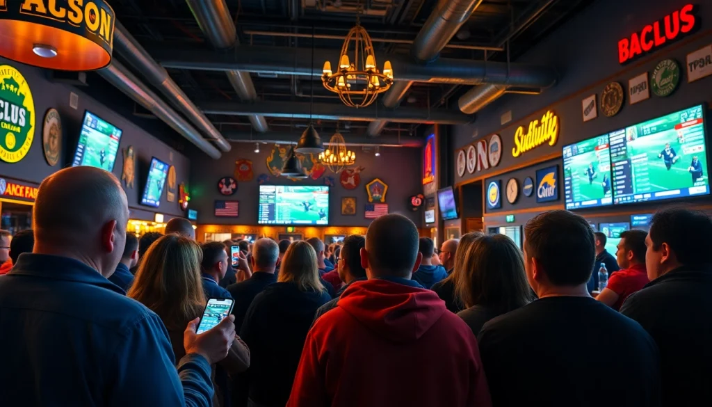Exciting scene of sportsbooks in Alberta with enthusiastic fans and betting apps.