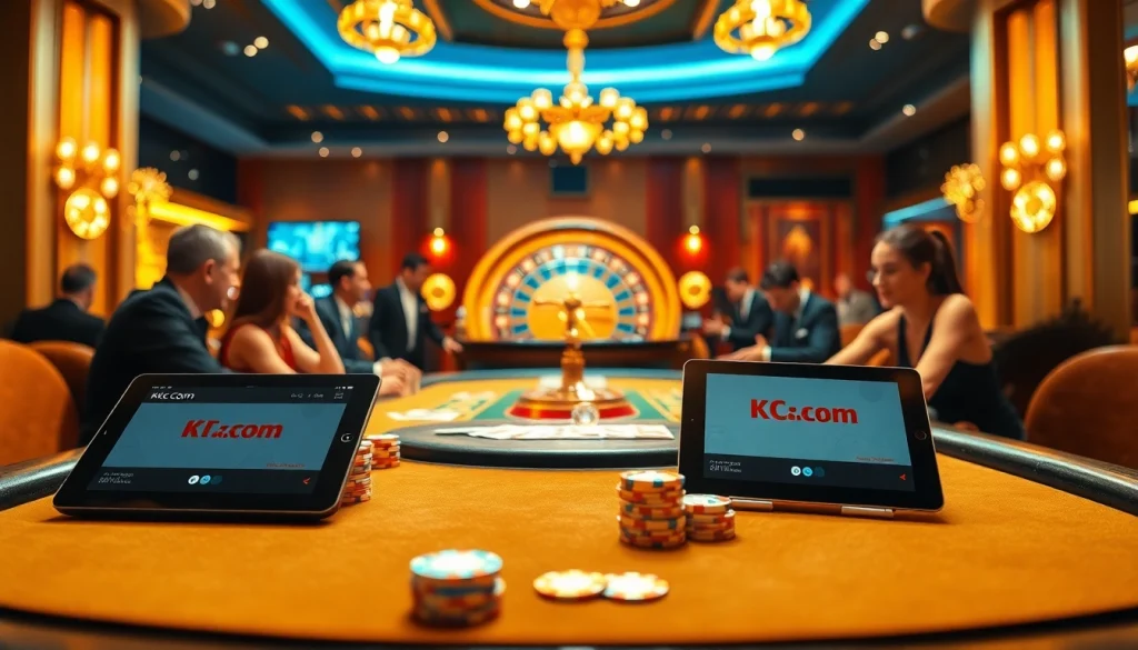 Experience the thrill of Kjc.com with a luxurious casino scene featuring poker and roulette games.