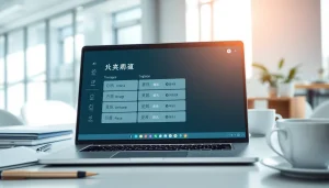Visualize the youdao翻译 AI translation tool in action on a modern laptop in a professional office setting.
