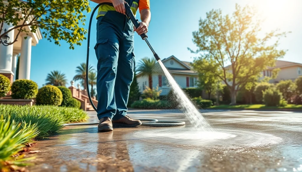 Concrete cleaning in action, showcasing a technician pressure washing a driveway to restore its appearance.