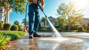 Concrete cleaning in action, showcasing a technician pressure washing a driveway to restore its appearance.