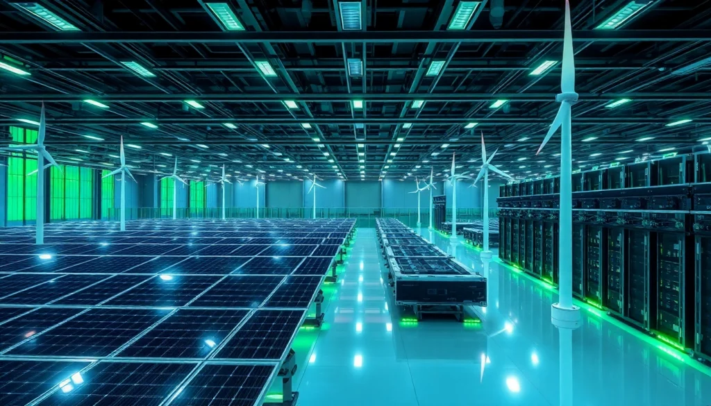 Crypto cloud mining facility featuring AI-optimized renewable energy sources.