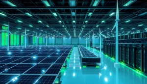 Crypto cloud mining facility featuring AI-optimized renewable energy sources.