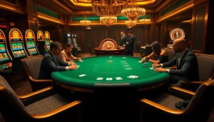 S8 poker table action with excited players and luxurious casino elements in an elegant setting.