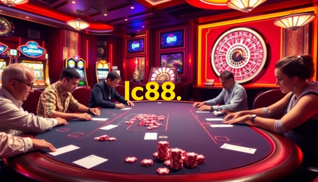 High-stakes poker action at lc88.bio casino with vibrant slot machines and roulette.