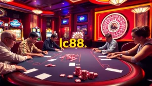 High-stakes poker action at lc88.bio casino with vibrant slot machines and roulette.