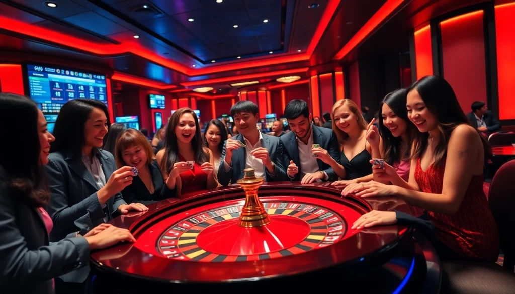 Engaging scene at a roulette table representing jeetbuzz লগইন with lively players enjoying a casino experience.