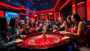 Engaging scene at a roulette table representing jeetbuzz লগইন with lively players enjoying a casino experience.