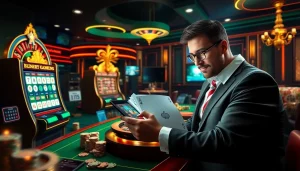 Experience excitement at https://babu88.global/ with immersive virtual casino gaming, showcasing poker chips and roulette wheels.