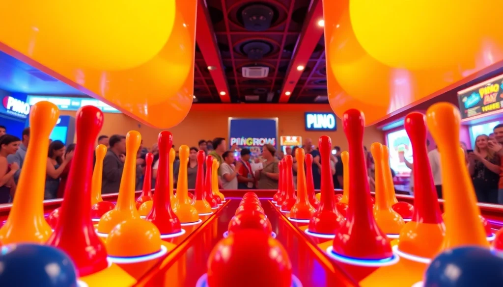 Main game of Plinko demo dengan bola berwarna cerah dan penggemar yang antusias.