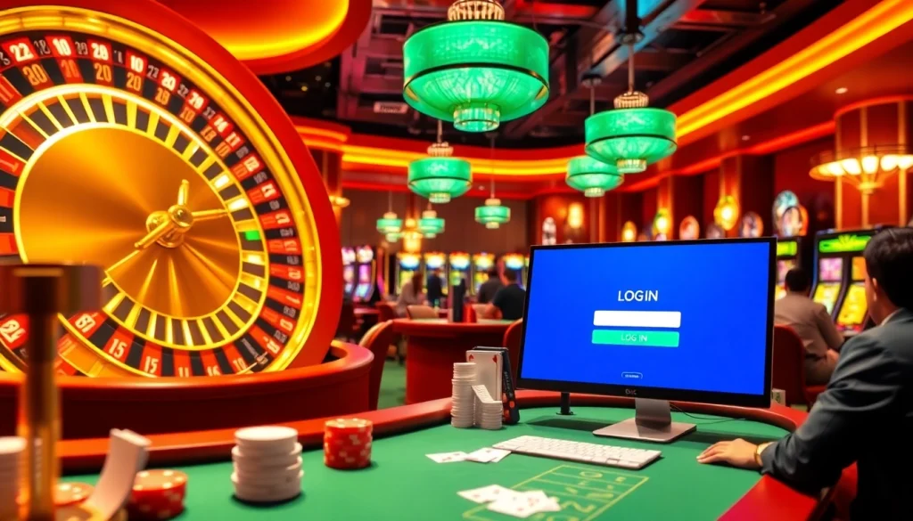 Experience the excitement of online gambling with a LOG IN screen amidst vibrant casino elements.