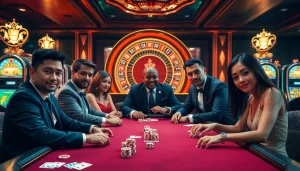Winning players strategizing at a casino table with chips and cards at https://kkwin.diy/ for an exciting gambling experience.