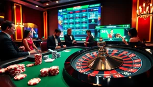 Exciting gambling activities at rr88it.com featuring poker chips and a vibrant roulette wheel.