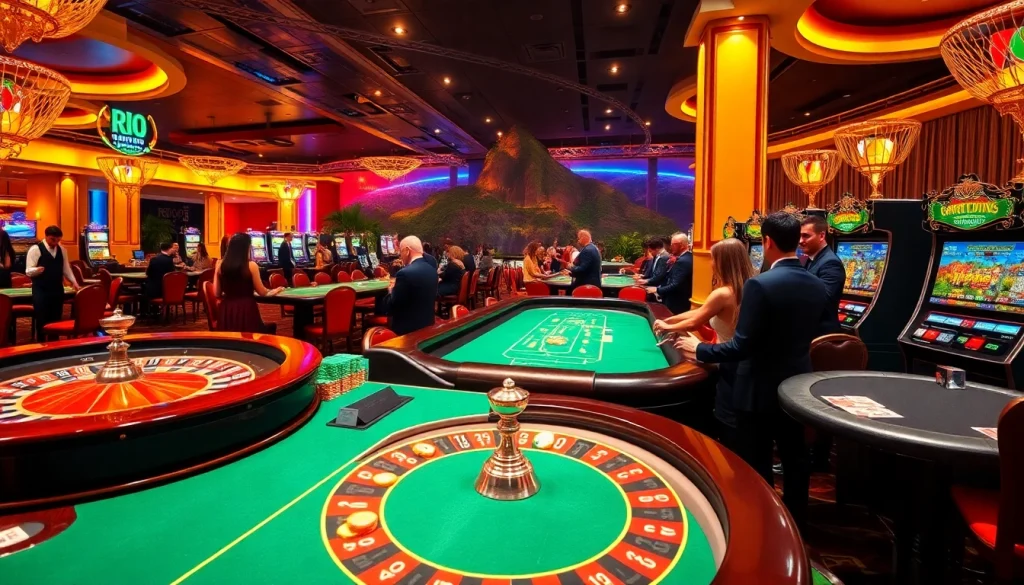 Experience exhilarating Rio-themed gambling with vibrant colors and elegant tables.
