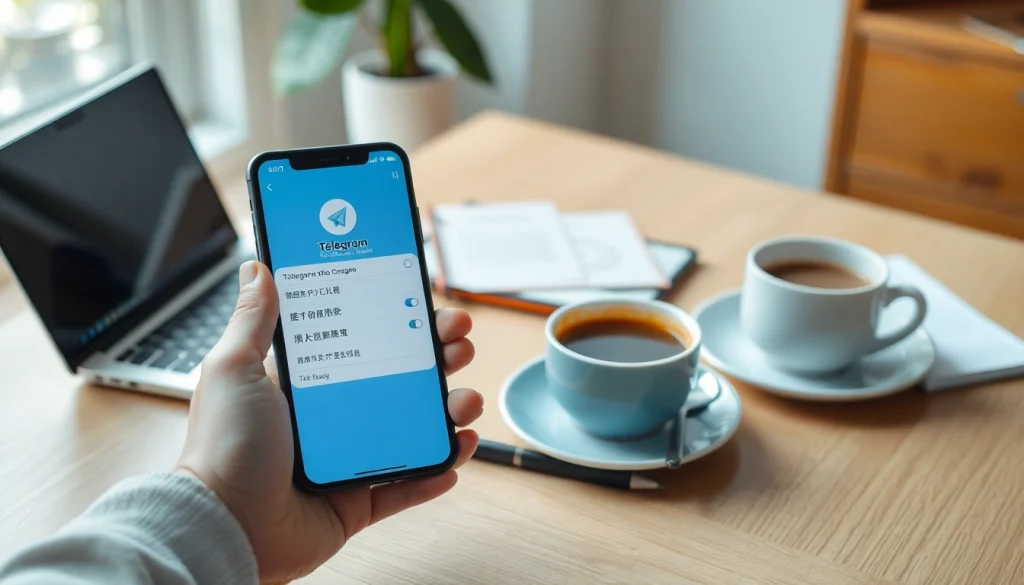 Configuring the Telegram中文 app on a smartphone in a cozy workspace setting.
