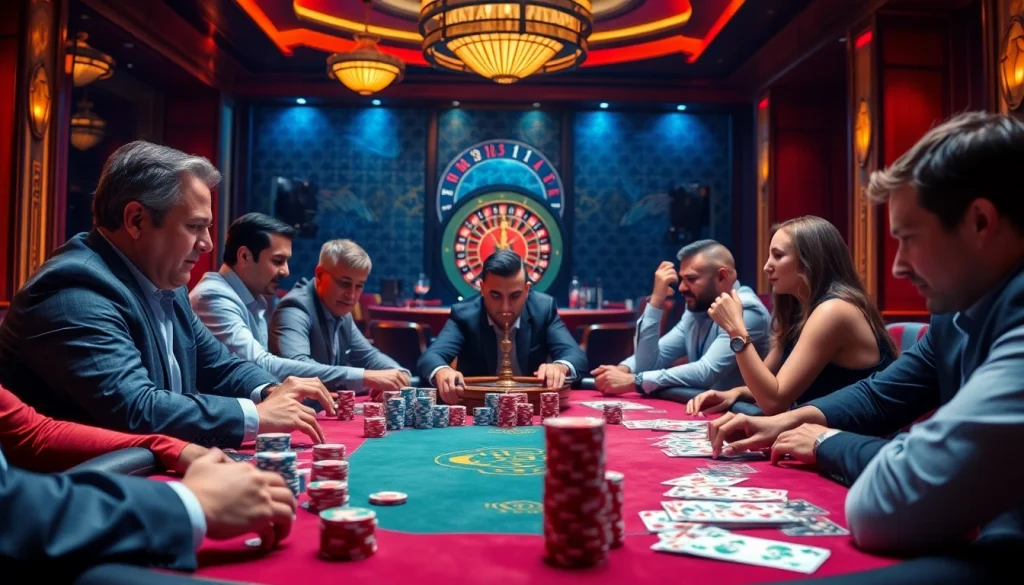 Experience a thrilling poker game at https://rr88c.org/, showcasing intense players and vibrant casino elements.