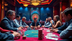 Experience a thrilling poker game at https://rr88c.org/, showcasing intense players and vibrant casino elements.