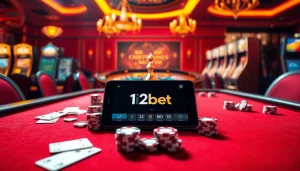 Experience thrilling betting options with ink vao 12bet on a luxurious casino table amidst poker chips and a roulette wheel.