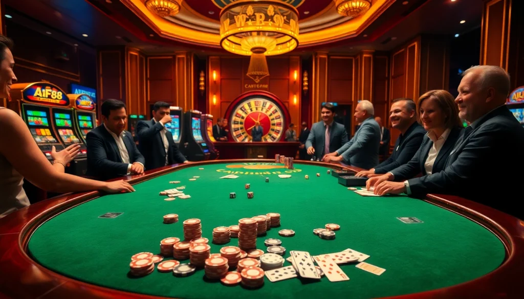Engaged gamblers at an AF88 poker table enjoying strategic gameplay and high stakes.