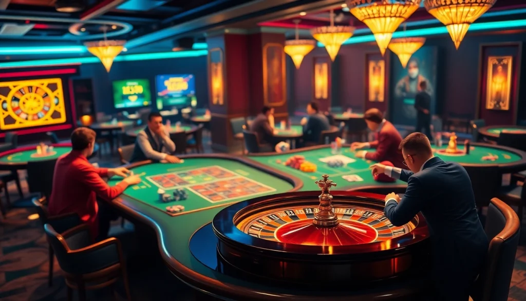 Players engaging enthusiastically on Trang Chủ LC88 online casino, showcasing vibrant poker and roulette tables.