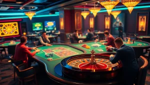 Players engaging enthusiastically on Trang Chủ LC88 online casino, showcasing vibrant poker and roulette tables.