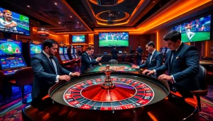 Exciting Crickex roulette table surrounded by professional gamblers in a luxury casino.