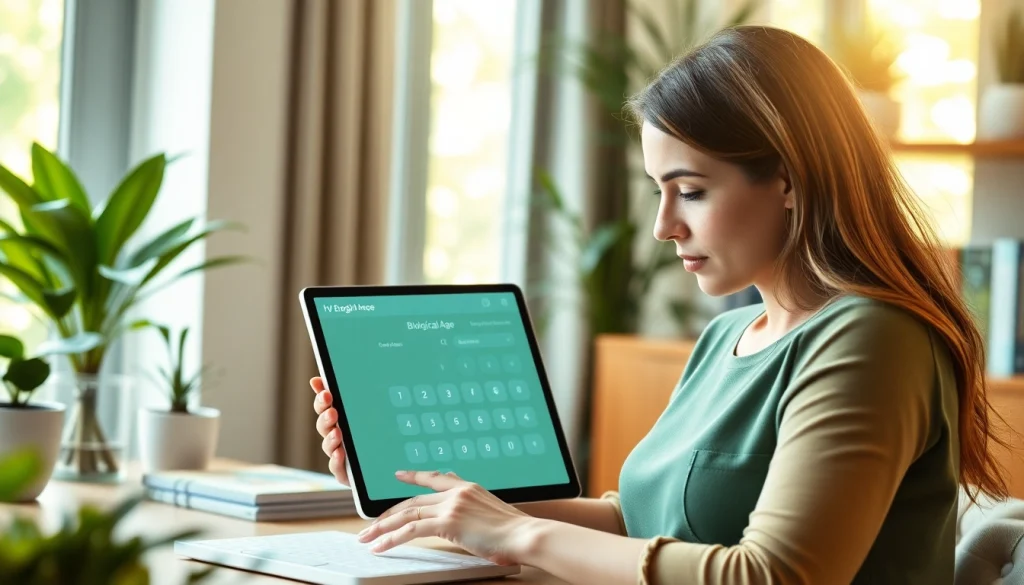 Using a biological age calculator on a sleek tablet in a serene health setting for insightful results.