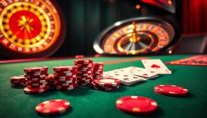 Engaging poker action at nohu90 com with vibrant chips and a roulette wheel.