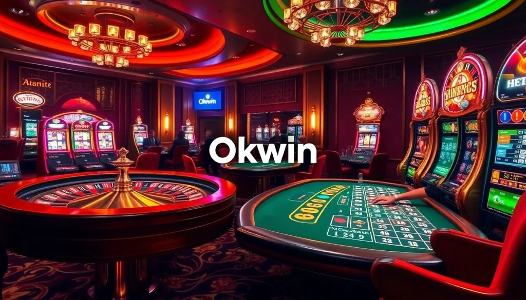 Okwin players strategizing at a lavish casino table amidst vibrant slot machines.