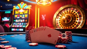 Experience thrilling gameplay at XN88's glamorous poker table surrounded by vibrant slot machines.