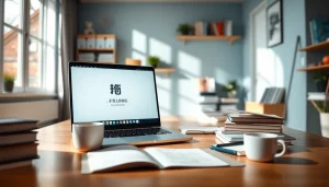 User interacting with 有道词典 in a bright and modern workspace, promoting effective learning.
