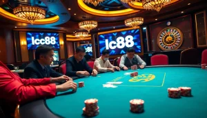 Engage in an exciting poker game at the luxury casino featuring lc88 elements, cards, and chips.