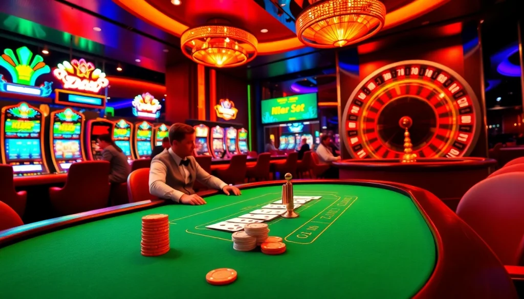 Exciting gambling scene featuring a poker table and slot machines representing https://xx88.pizza/ with vibrant lights and engaging players.