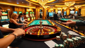 Engage with the vibrant excitement of gambling at https://kjc.football/ with players at a roulette table.