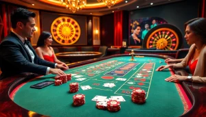 Players enjoying baccarat at https://jun88ld.com/ with vibrant poker chips and a live dealer in a luxurious casino setting.