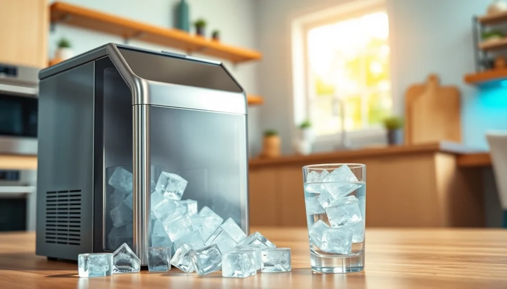 Efficient ice maker producing fresh ice cubes in a modern kitchen setting.