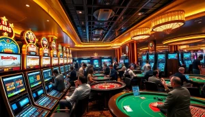 Engaging scene of a vibrant casino showcasing players enjoying various games, focusing on giải mã nhà cái strategies and betting excitement.