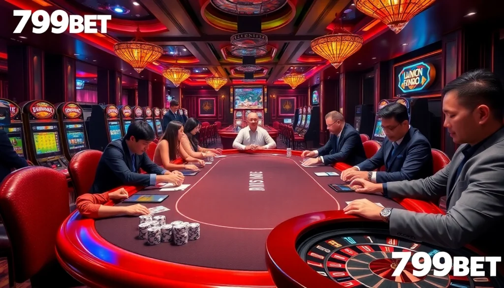 Players enjoying a thrilling game at 789BET casino with vibrant chips and cards.