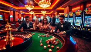 Experience the thrill of sh bet with vibrant casino gaming tables featuring excited players and roulette wheels.
