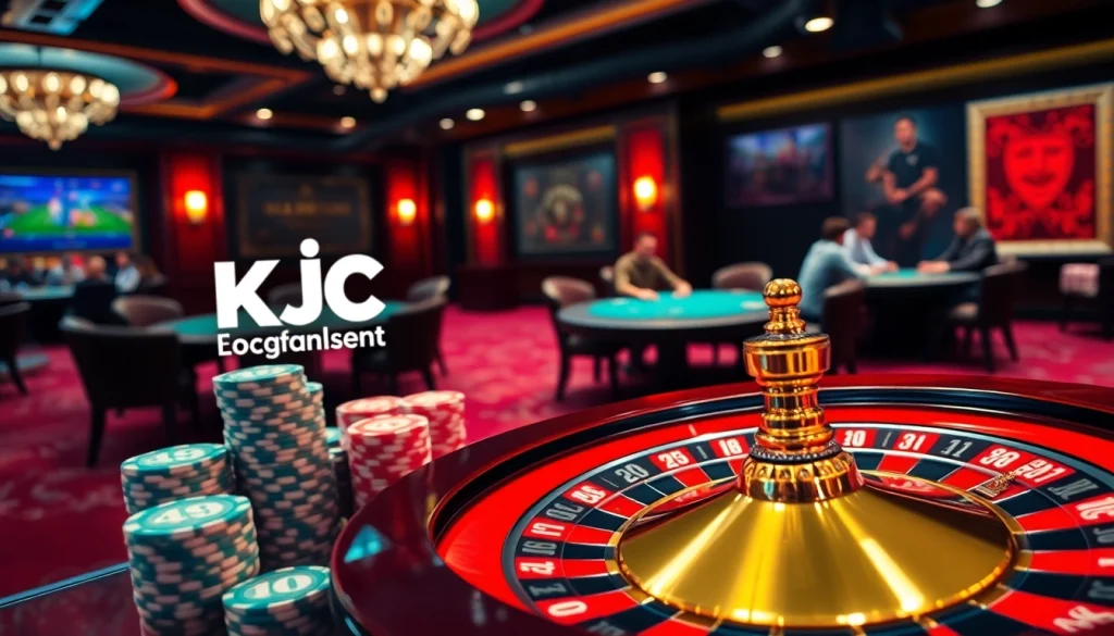 The scene showcases a luxurious gambling environment at https://kjc.football/, highlighting poker chips and a roulette wheel.