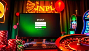 Engaging scene showcasing an onicplay login interface with poker chips and a roulette wheel, creating a vibrant casino ambiance.