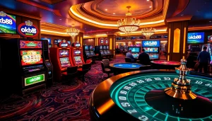 A dynamic casino atmosphere with players enjoying games at ok88, including slots and poker.
