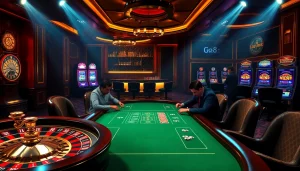 High-stakes poker action at a luxurious go8 casino table with roulette and slot machines