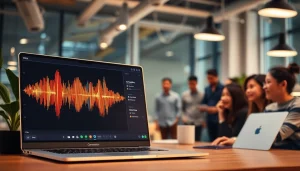 Create realistic audio outputs using AI Voice technologies in a modern workspace, highlighting collaboration.