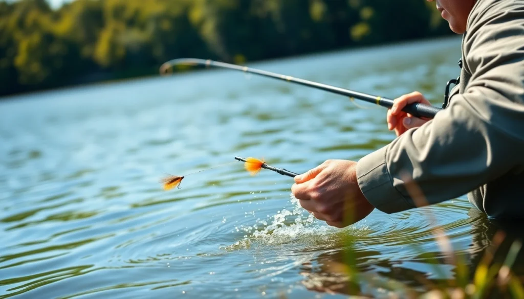 Angler practicing fly fishing for bass with vibrant fly lures near a tranquil lake.